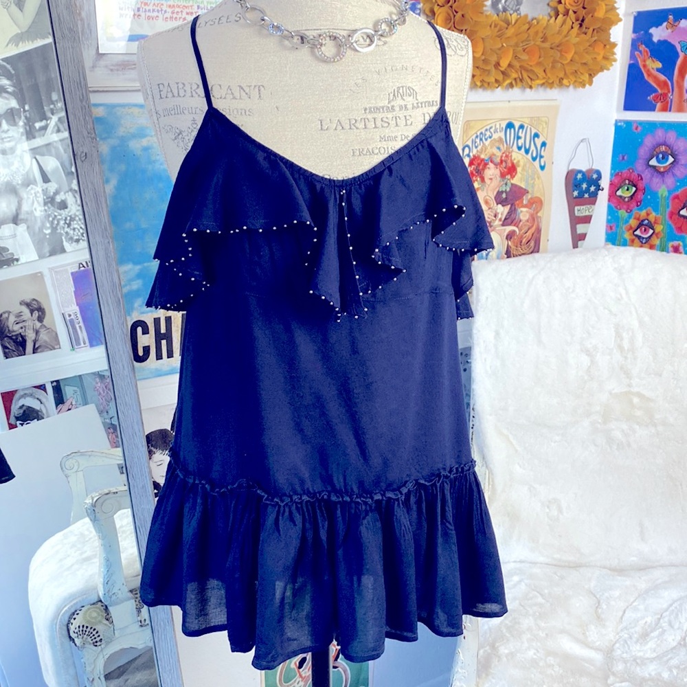 Navy Blue Ruffle Babydoll Racerback Embellished Studs Tank Top/Cami Light Navy